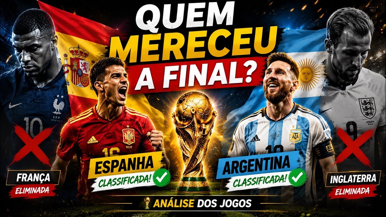 Capa do episódio: Quem Mereceu a Final? Análise de França x Espanha e Argentina x Inglaterra.